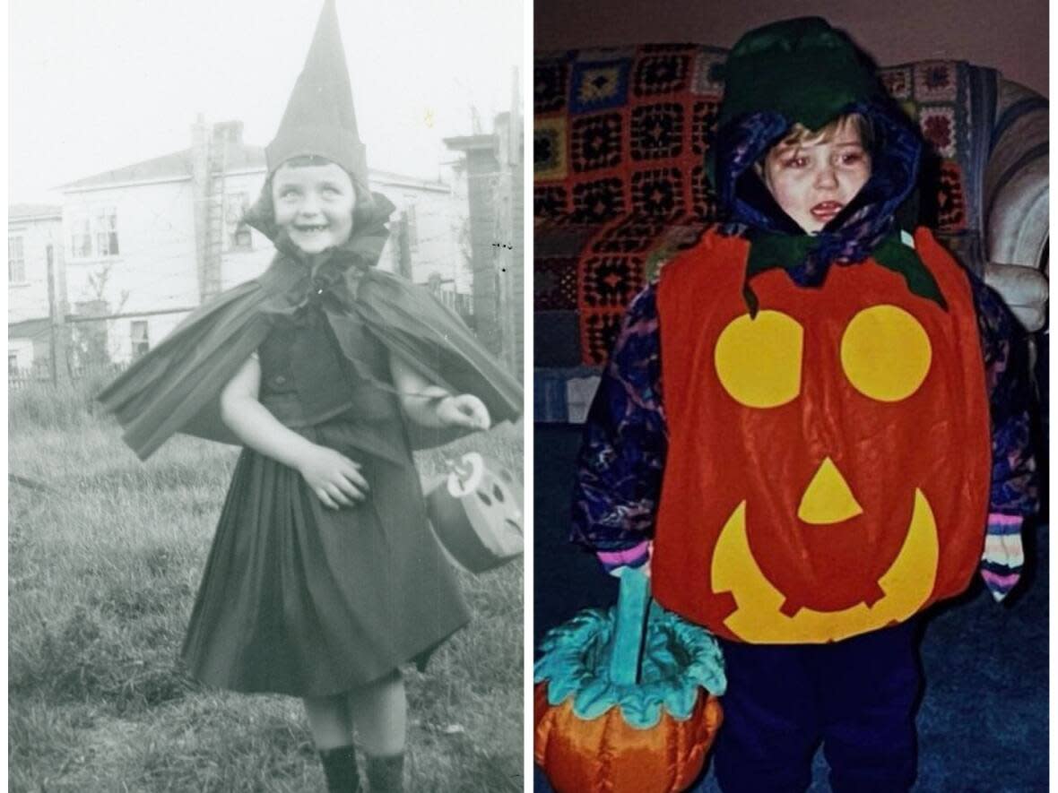 A young girl is dressed as a witch in an undated photo from Memorial University's folklore archives, left, beside a young girl dressed as a jack-o'-lantern in 1990s St. John's. (Submitted by Memorial University folklore archives/Submitted by Stef Curran - image credit)