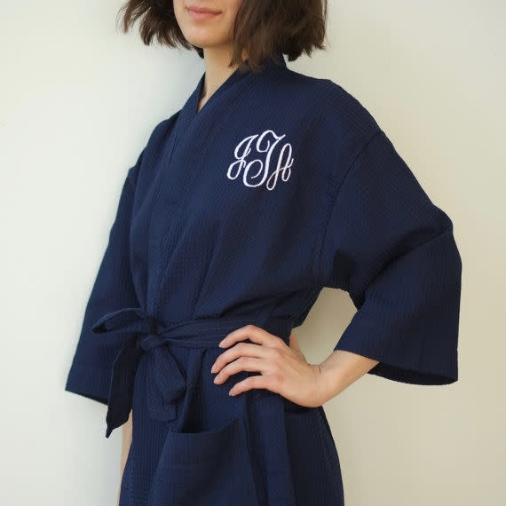 Monogrammed Navy Waffle Robe