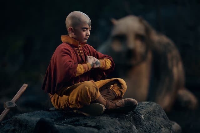 <p>Robert Falconer/Netflix</p> Gordon Cormier's Aang meditates in 'Avatar: The Last Airbender'