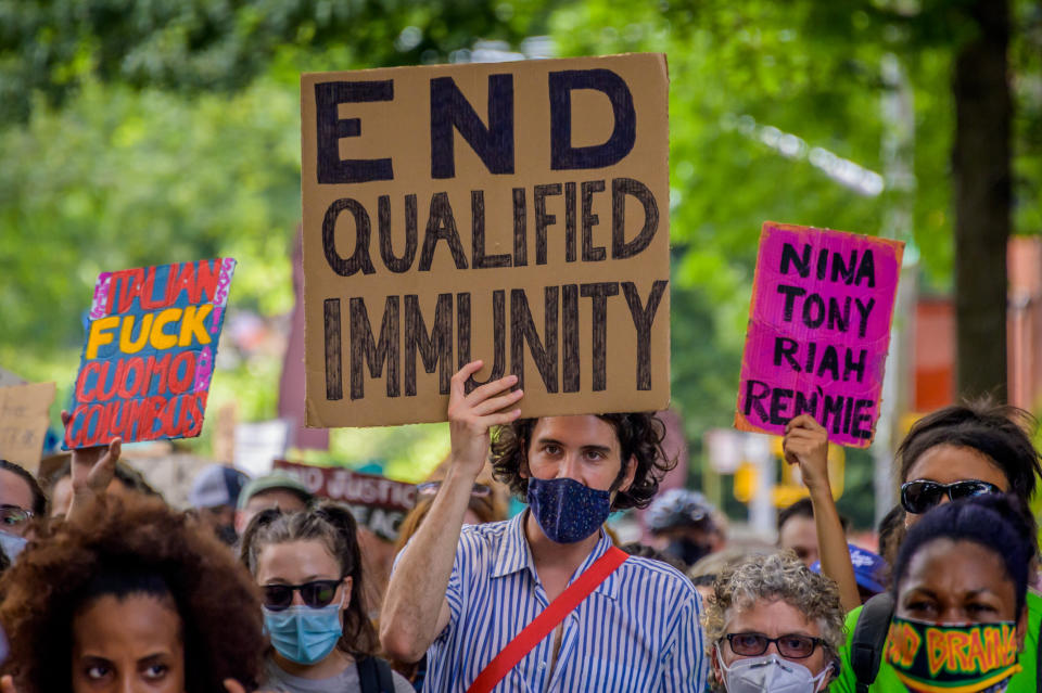 Black Lives Matter protestors have called for the end to qualified immunity, the doctrine created by the Supreme Court to protect police from accountability for abuse. (Photo: Erik McGregor via Getty Images)