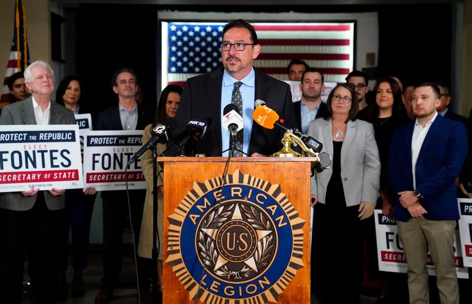 Adrian Fontes, the democratic Arizona secretary of state elect, makes his victory speech at the American Legion Post 41 in Phoenix, Ariz., on Nov. 14, 2022. Fontes defeated republican candidate Mark Finchem.