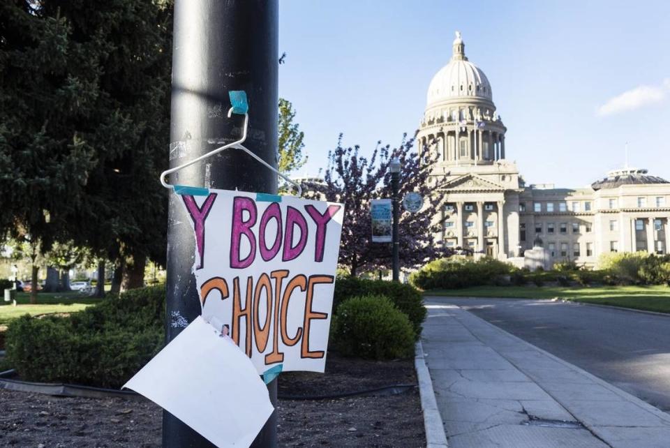 Handmade sign reading "MY BODY MY CHOICE" on a post, with a blurred capitol building in the background