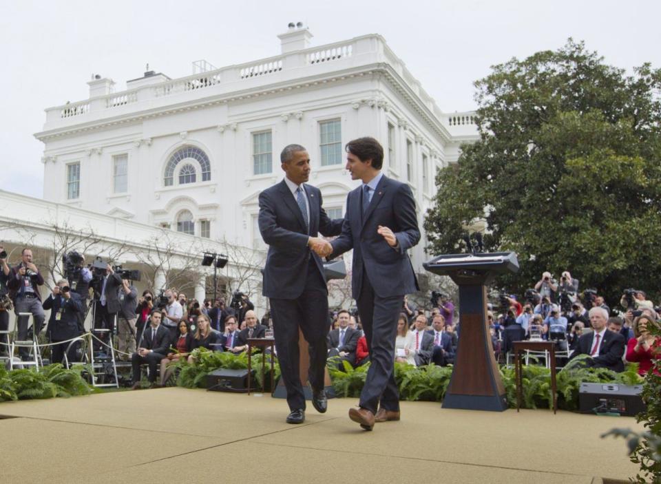 President Barack Obama and Prime Minister Justin shake hands following the conclusion of their joint news conference, Thursday, March 10, 2016, in the Rose Garden of the White House in Washington. (AP Photo/Pablo Martinez Monsivais)