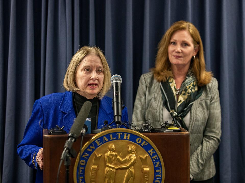 Rep. Ruth Ann Palumbo, D-Lexington, left, spoke alongside Rep. Kim Moser, R-Taylor Mill, during a press conference to announce they are joining forces on an AED bill (House Bill 331) filed last week. Feb. 21, 2023
