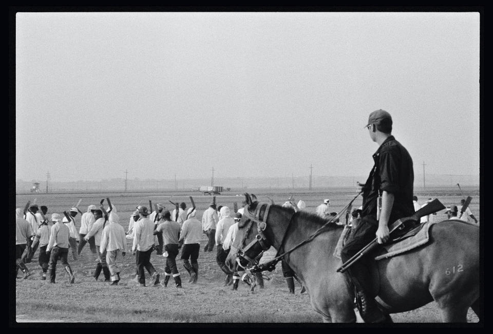 This 2004 photo shows a line boss on horseback monitoring prison laborers in a field at the Louisiana State Penitentiary in Angola, La. The former 19th-century antebellum plantation once was owned by one of the largest slave traders in the United States. (Chandra McCormick via AP)