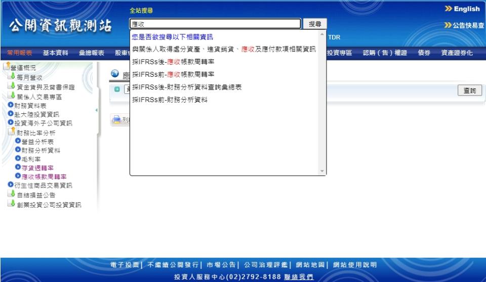 在公開資訊觀測站，依需求搜尋「應收」→選擇「採IFRSs後-應收帳款周轉率」