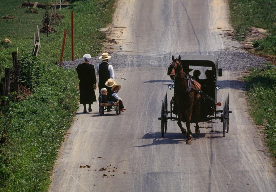 amish families passing on the road, lancaster