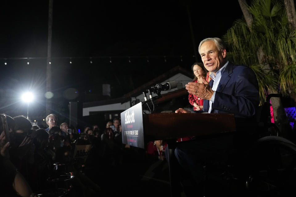 Texas Gov. Greg Abbott speaks during an election night campaign event Tuesday, Nov. 8, 2022, in McAllen, Texas. (AP Photo/David J. Phillip)