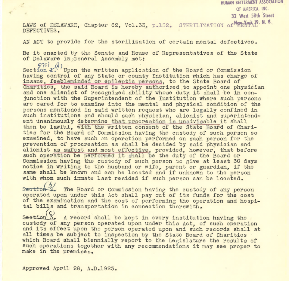 In 1965, a Walter Reed Army Institute of Research political scientist Julius wrote a now-celebrated report on every state’s sterilization practices. Here are Paul's notes on Delaware's sterilization practices.