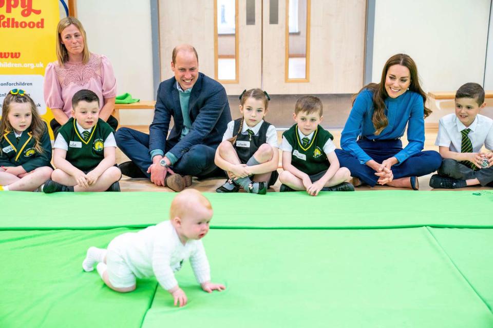 The Duchess of Cambridge with P3 pupils during a visit to St. John's Primary School, Port Glasgow