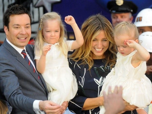 Jimmy Fallon, Nancy Juvonen, and their kids, Winnie and Franny, attend the Universal Orlando "Race Through New York Starring Jimmy Fallon" opening event on April 6, 2017