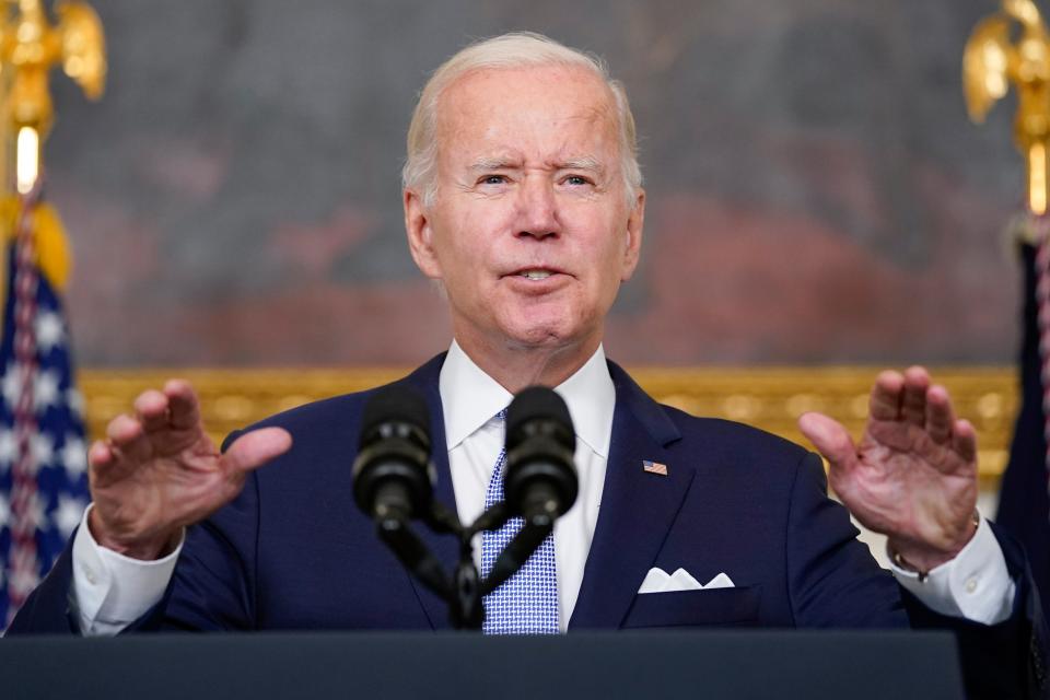 President Joe Biden speaks about "The Inflation Reduction Act of 2022" in the State Dining Room of the White House in Washington, Thursday, July 28, 2022.