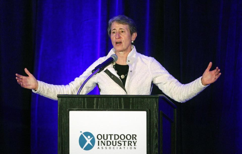 Secretary of the Interior Sally Jewell speaks to members of the Outdoor Industry Association at a trade show for outdoor gear makers Wednesday, Jan. 22, 2014, in Salt Lake City. Jewell made a pitch Wednesday for a privately funded youth conservation corps and sought donations for the effort from executives at an outdoor-gear trade show. (AP Photo/Rick Bowmer)