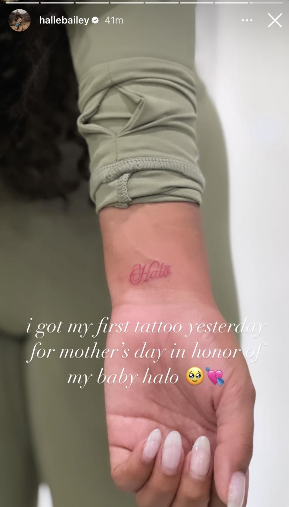 Person shows wrist with tattoo reading "Halo," caption mentions first tattoo for Mother's Day