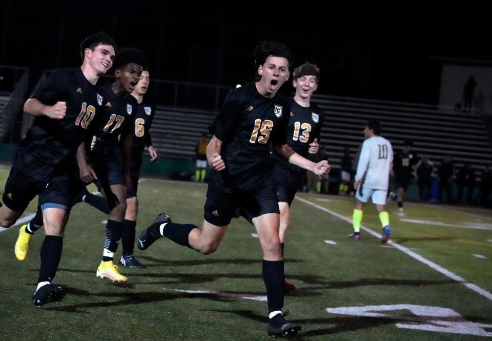 North Kingstown's Noah Korzeniowski celebrates a goal during a game a year ago. On Friday, he scored twice and led the Skippers to a 5-2 victory over Moses Brown.