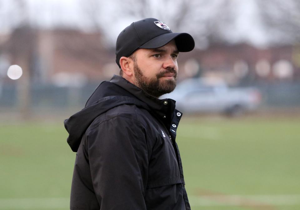 Wichita Falls High head soccer coach Patrick McCauley in the match against L.D. Bell Friday, Jan. 10, 2020 at Midwestern State University.