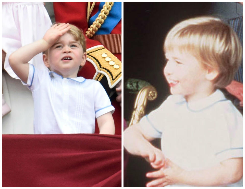 <p>Durante un desfile militar en honor a la reina de Inglaterra en junio de 2016, Kate Middleton vistió a George con una camisa blanca con rayas azules en cuello y mangas que recordaba mucho a la que llevó el príncipe Guillermo durante el bautizo de su hermano Harry. (Foto: Toby Melville / Reuters / Gtres). </p>