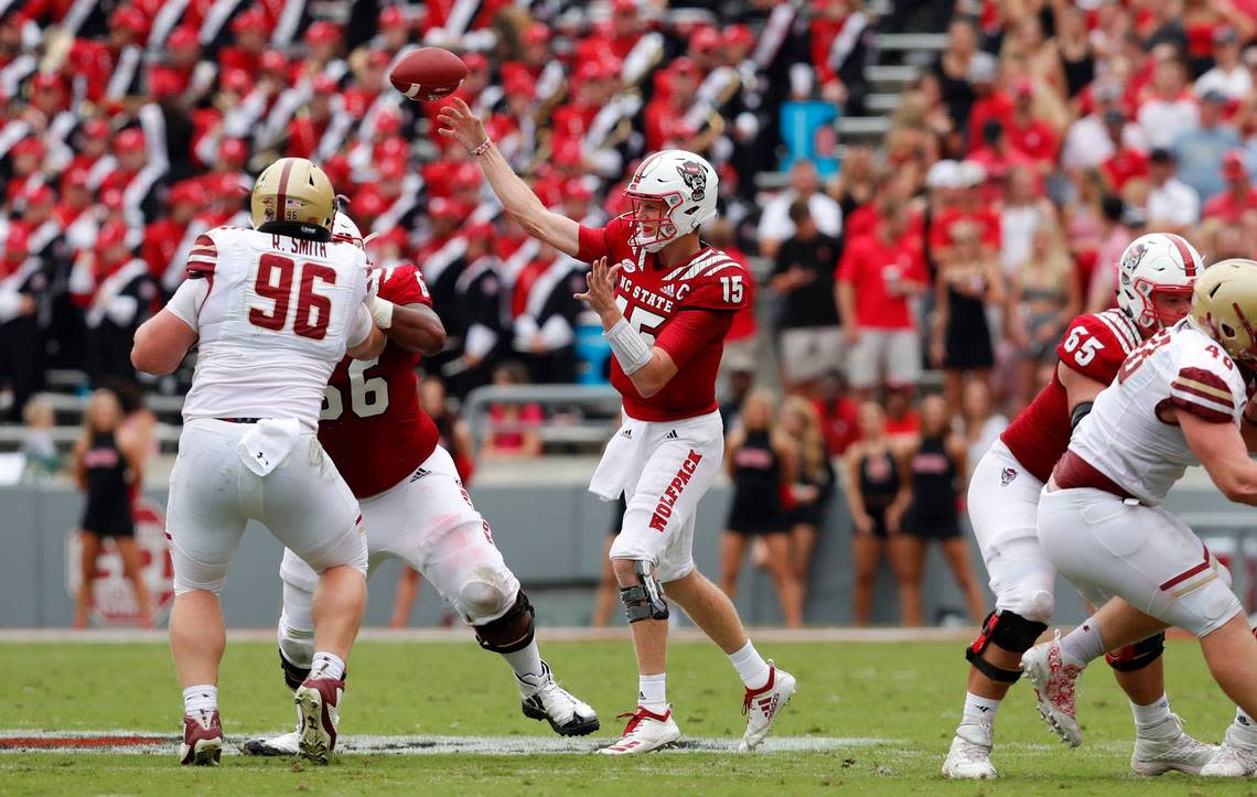 N.C. State quarterback Ryan Finley (15) passes during the first half of N.C. State’s game against Boston College at Carter-Finley Stadium in Raleigh, N.C., Saturday, Oct. 6, 2018.