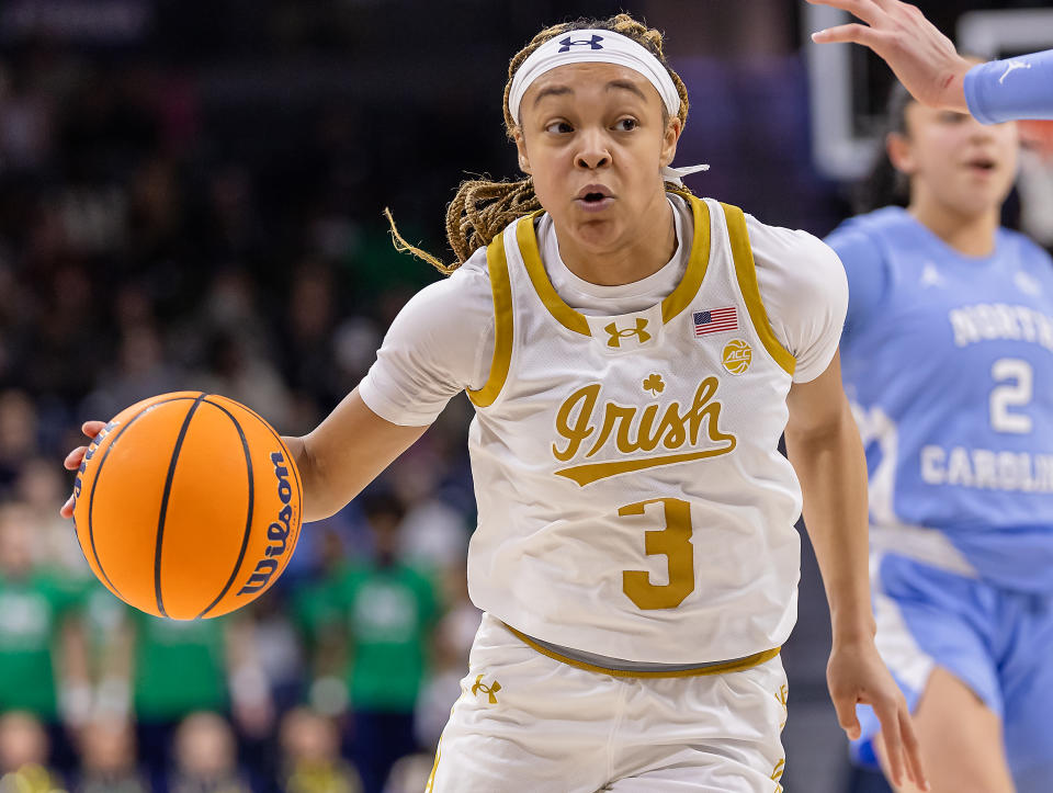 SOUTH BEND, INDIANA - JANUARY 7: Hannah Hidalgo #3 of the Notre Dame Fighting Irish drives to the basket during the game against the North Carolina Tar Heels at Joyce Center on January 7, 2024 in South Bend, Indiana. (Photo by Michael Hickey/Getty Images)