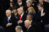 <p>(L-R) Vice President Mike Pence, President Donald Trump, former Vice President Joe Biden, former President Barack Obama and Barron Trump listen to the National Anthem on the West Front of the U.S. Capitol on January 20, 2017 in Washington, DC. (Photo: Drew Angerer/Getty Images) </p>