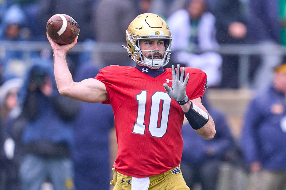 SOUTH BEND, INDIANA - APRIL 22: Notre Dame Fighting Irish quarterback Sam Hartman (10) throws the football during the Notre Dame Blue-Gold Spring Football Game at Notre Dame Stadium on April 22, 2023 in South Bend, Indiana. (Photo by Robin Alam/Icon Sportswire via Getty Images)