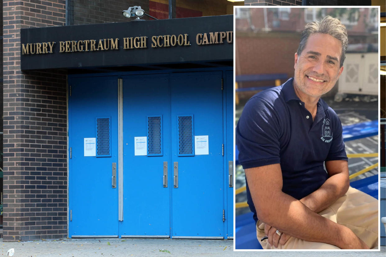 composite image: NYC school door on the left, school principal PS 28 Principal Robert Quintana on the right, sitting down and smiling into the camera