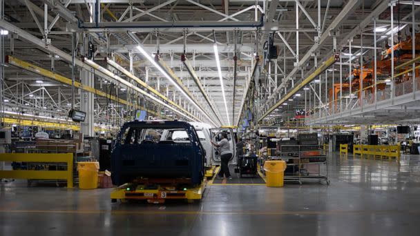 PHOTO: The Ford F-150 Lightning production line at the Ford Motor Co. Rouge Electric Vehicle Center (REVC) in Dearborn, Mich., Sept. 8, 2022. (Bloomberg via Getty Images)