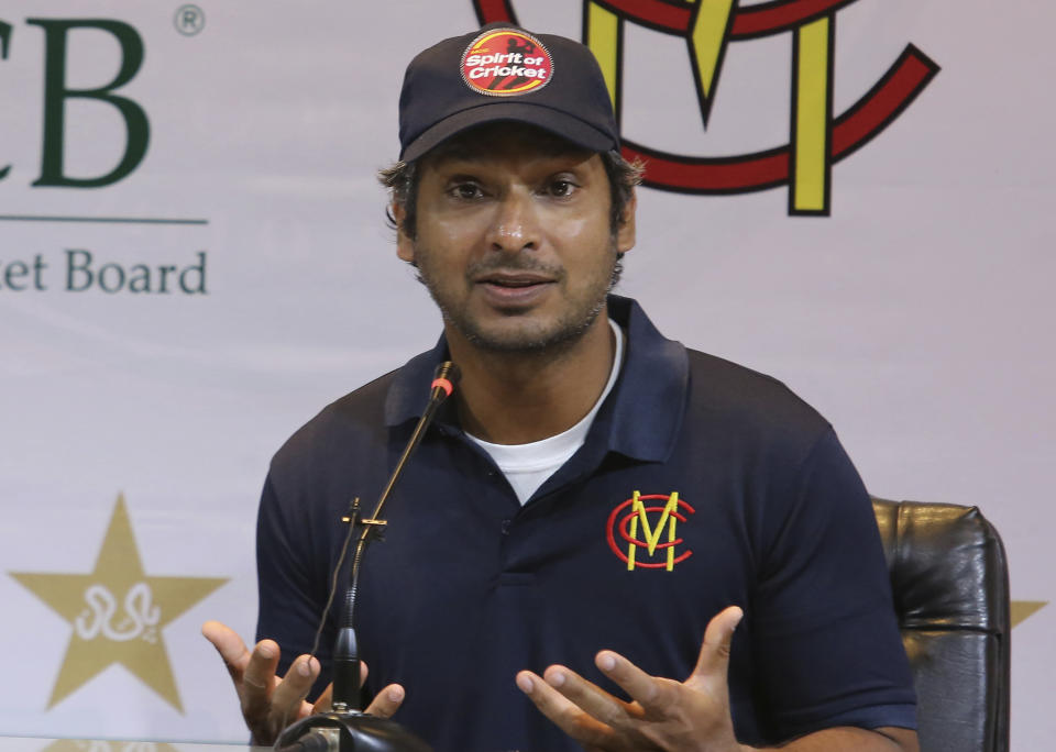 Former Sri Lankan captain Kumar Sangakkara addresses a news conference in Lahore, Pakistan, Thursday, Feb. 13, 2020. A Marylebone Cricket Club, MCC, team led by Sangakkara arrived in Lahore on Thursday to support international tours of Pakistan. The London-based MCC will play four limited-overs matches against local teams. (AP Photo/K.M. Chaudary)