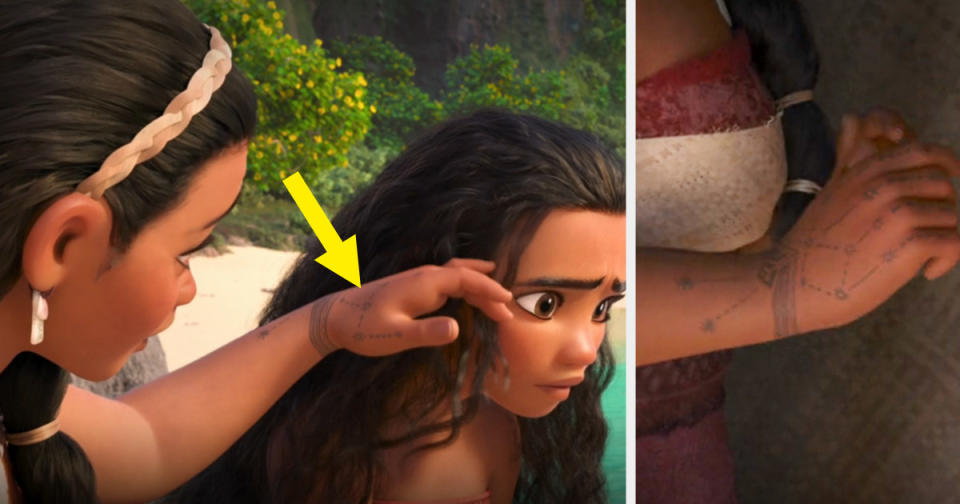 an arrow pointing to the characters hand with the tattoo