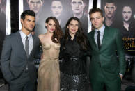 Twilight LA premiere: The core cast members, Kristen Stewart, Robert Pattinson and Taylor Lautner pose for photos with the Twilight author, Stephenie Meyer. Copyright [PA]