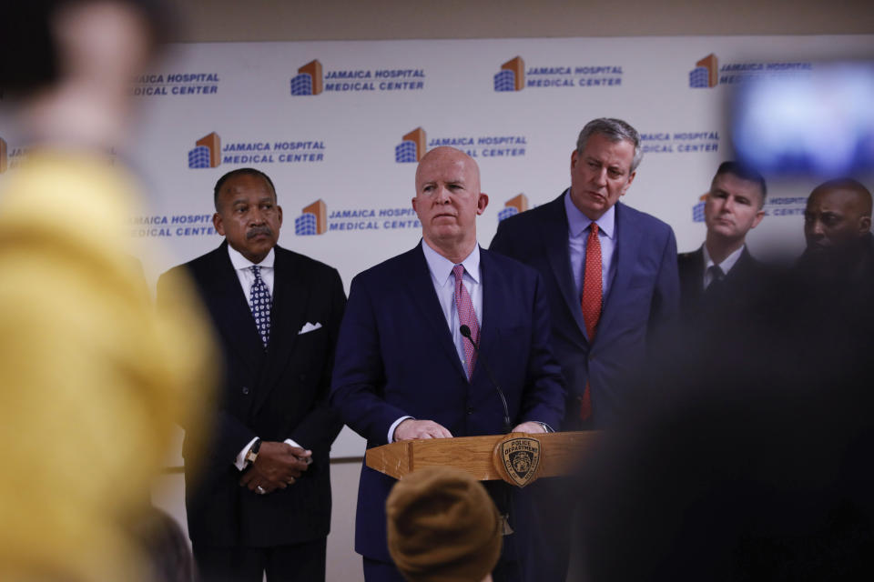 Commissioner James O'Neill speaks during a press conference at Jamaica Hospital Medical Center Tuesday, Feb. 12, 2019, in the Queens borough of New York. A NYPD detective and a NYPD sergeant were shot while responding to an armed robbery at a T-Mobile store in Queens. (AP Photo/Kevin Hagen)