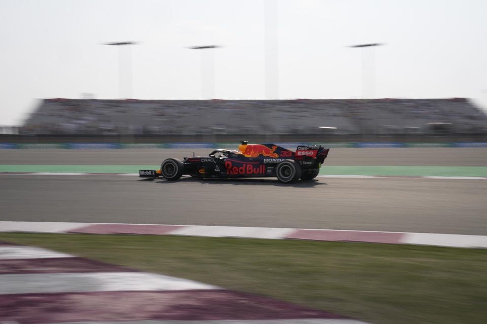 Red Bull driver Max Verstappen of the Netherlands in action during the first practice session Losail, Qatar, Friday Nov. 19, 2021 ahead of the Qatar Formula One Grand Prix. (AP Photo/Darko Bandic)