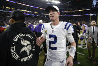 Indianapolis Colts quarterback Matt Ryan (2) walks off the field after an NFL football game against the Minnesota Vikings, Saturday, Dec. 17, 2022, in Minneapolis. The Vikings won 39-36 in overtime. (AP Photo/Andy Clayton-King)