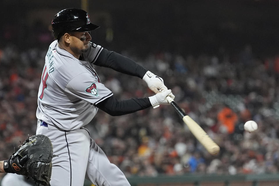 Arizona Diamondbacks' Gabriel Moreno hits a two-run double against the San Francisco Giants during the seventh inning of a baseball game in San Francisco, Friday, April 19, 2024. (AP Photo/Jeff Chiu)