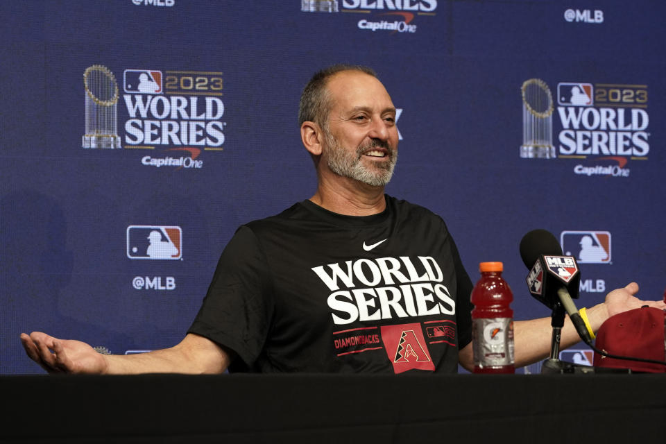 Arizona Diamondbacks manager Torey Lovullo answers a question during a World Series baseball media day Thursday, Oct. 26, 2023, in Arlington, Texas. The Diamondbacks will play the Texas Rangers in Game 1 of the World Series tomorrow. (AP Photo/Tony Gutierrez)