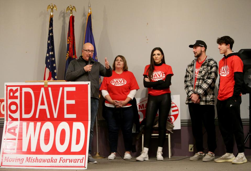 Mishawaka Mayor Dave Wood stands with family members Dec. 15, 2022, at the Veterans of Foreign Wars Post 360 to announce he is running for re-election. Joseph Wood is second from the right.