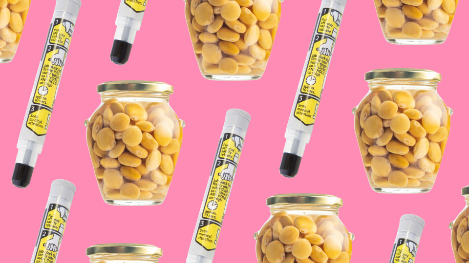 lupin allergy, collage of lupin beans in jar and epi-pens, lupini beans in glass jars and allergy pens