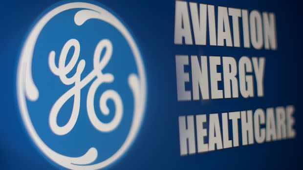 The General Electric logo alongside the names of its three planned businesses: Aviation, Energy, and Healthcare.