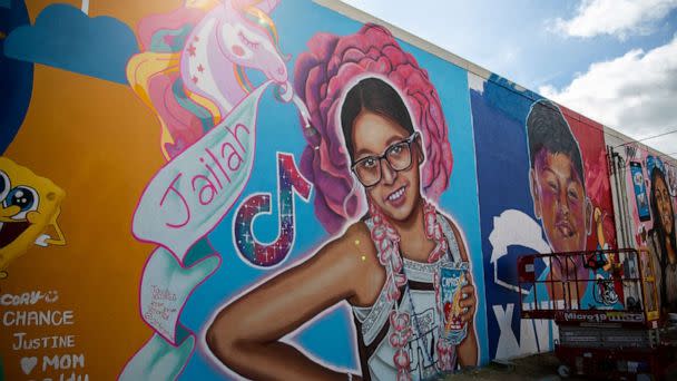 PHOTO: A mural in honor of Jailah Nicole Silguero, along with others for children who died in the Robb Elementary school shooting, fill the wall of a building in downtown Uvalde, Texas, Aug. 21, 2022. (Kat Caulderwood/ABC News)