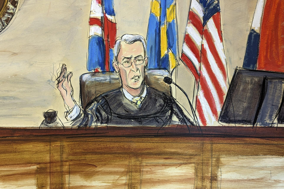 This artist sketch depicts Judge Eric Davis of Delaware Superior Court on the bench Monday, April 17, 2023, in Wilmington, Del. Davis, who is overseeing Dominion Voting Systems $1.6 billion defamation lawsuit against Fox News announced a delay in the start of the trial until Tuesday, giving no explanation in announcing the recess. (Elizabeth Williams via AP)