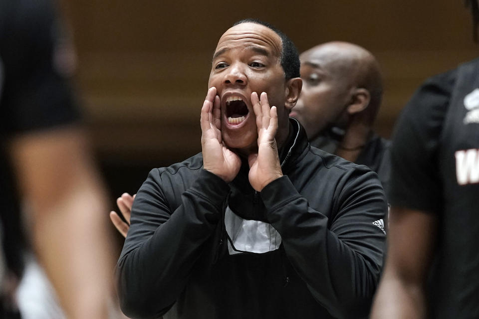 North Carolina State head coach Kevin Keatts yells during the first half of an NCAA college basketball game against Duke in Durham, N.C., Saturday, Jan. 15, 2022. (AP Photo/Gerry Broome)