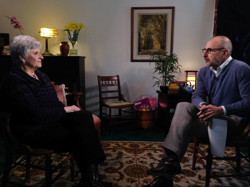 In this Monday, March 10, 2014 photo provided by NBC News, Matt Lauer, right, talks with Dottie Sandusky, wife of former Penn State assistant football coach Jerry Sandusky, during an interview that aired on NBC's "Today" show on Wednesday, March 12, 2014. Sandusky said she "definitely" believes her husband is innocent despite being convicted of sexually abusing 10 boys and that the victims' financial gain was at play. (AP Photo/NBC News)