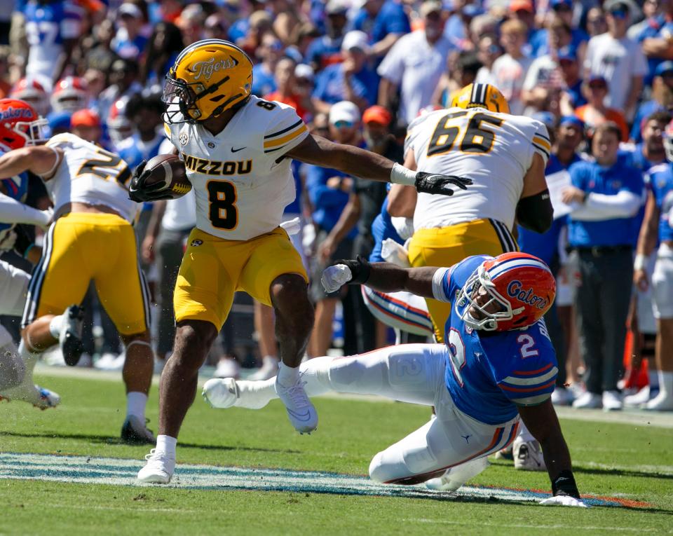 Missouri Tigers running back Nathaniel Peat (8) as Florida takes on Missouri during homecoming at Steve Spurrier Field at Ben Hill Griffin Stadium in Gainesville, FL on Saturday, October 8, 2022. [Alan Youngblood/Gainesville Sun]