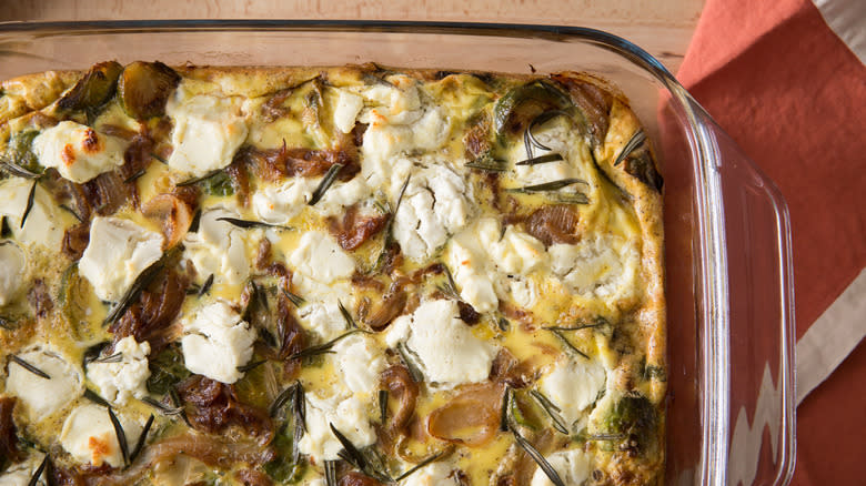 breakfast casserole served on table 