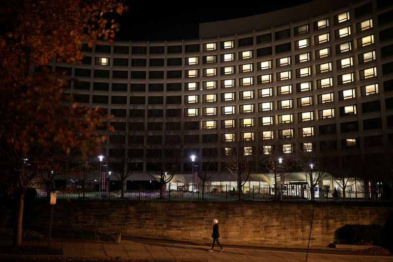 FILE PHOTO: Hotel rooms are illuminated in the shape of a heart at the Washington Hilton in Washington