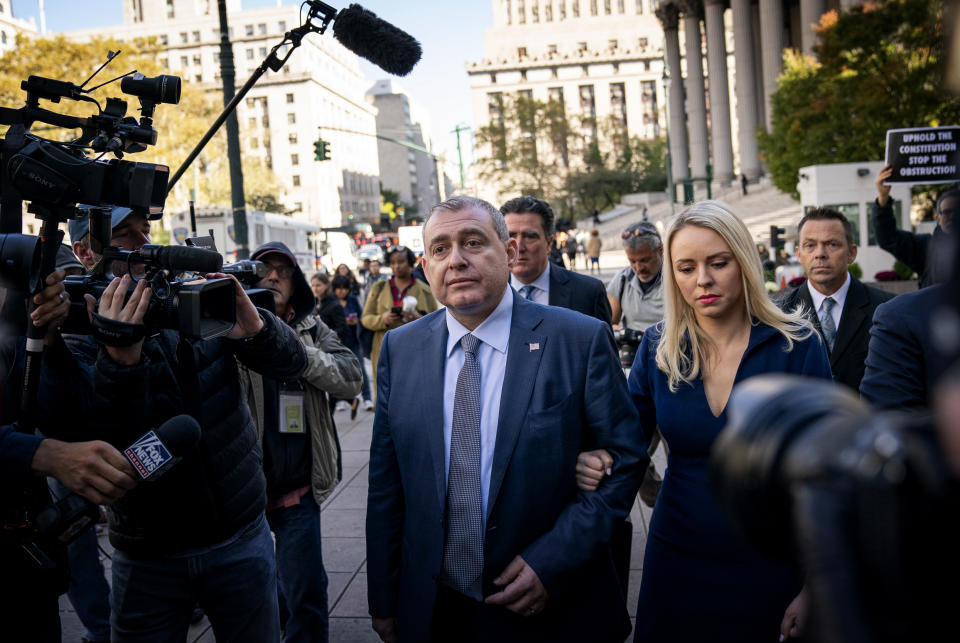 Image: Lev Parnas arrives at federal court for an arraignment hearing in New York on Oct. 23, 2019. (Drew Angerer / Getty Images file)