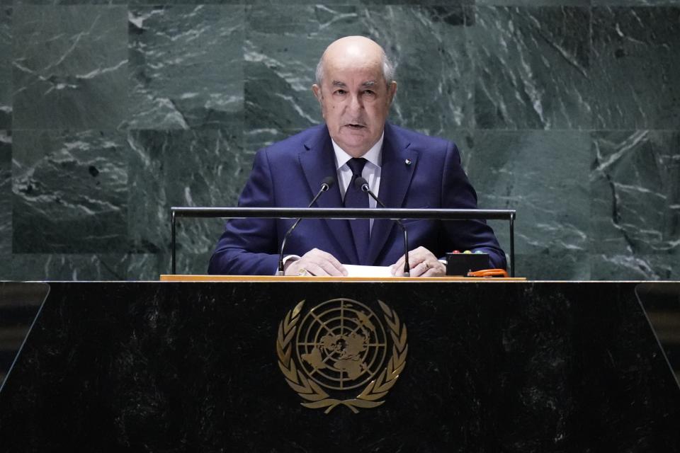 FILE - Algerian President Abdelmadjid Tebboune addresses the 78th session of the United Nations General Assembly, Tuesday, Sept. 19, 2023 at U.N. headquarters. Algerian President Abdelmadjid Tebboune on Saturday, Nov. 12, 2023, dismissed the country's prime minister and replaced him with the head of his cabinet as the country struggles with inflation and next year's national elections approach. (AP Photo/Frank Franklin II, File)