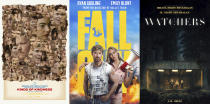 This combination of images shows promotional art for the films "Kinds of Kindness," left, "The Fall Guy," center, and "The Watchers." (Searchlight Pictures/Universal/Warner Bros Pictures via AP)