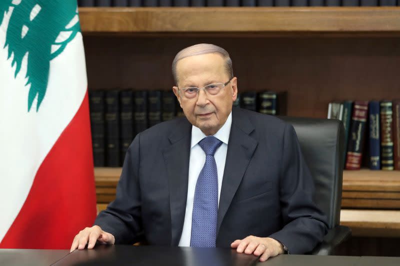 FILE PHOTO: Lebanon's President Michel Aoun is pictured as he addresses the nation at the Baabda palace