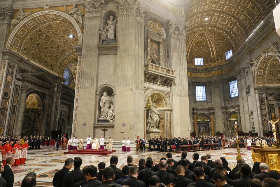 Pope Francis presides over the second vespers in St. Peter's Basilica on Ascension Day, Thursday, May 9, 2024, after reading the papal bull 'Spes non confundit' (Latin for, hope does not disappoint), the official decree establishing the Catholic Holy Year: a once-every-quarter-century event that is expected to bring some 32 million pilgrims to Rome (AP Photo/Gregorio Borgia)